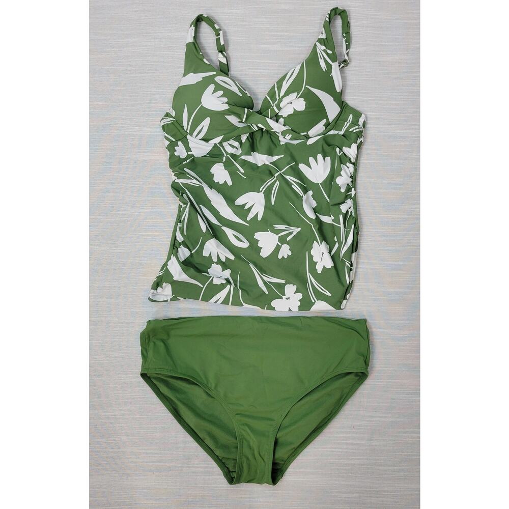 Anne Cole Womens Swimsuit Size M Green Twist Front Underwire Tankini & Bottoms